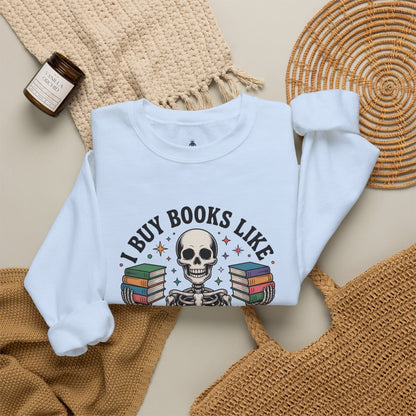 Book Lover Sweatshirt — "I Buy Books Like I’m Immortal" Skeleton Reading Crewneck - Back has Northkind's blueprint for bookish heaven