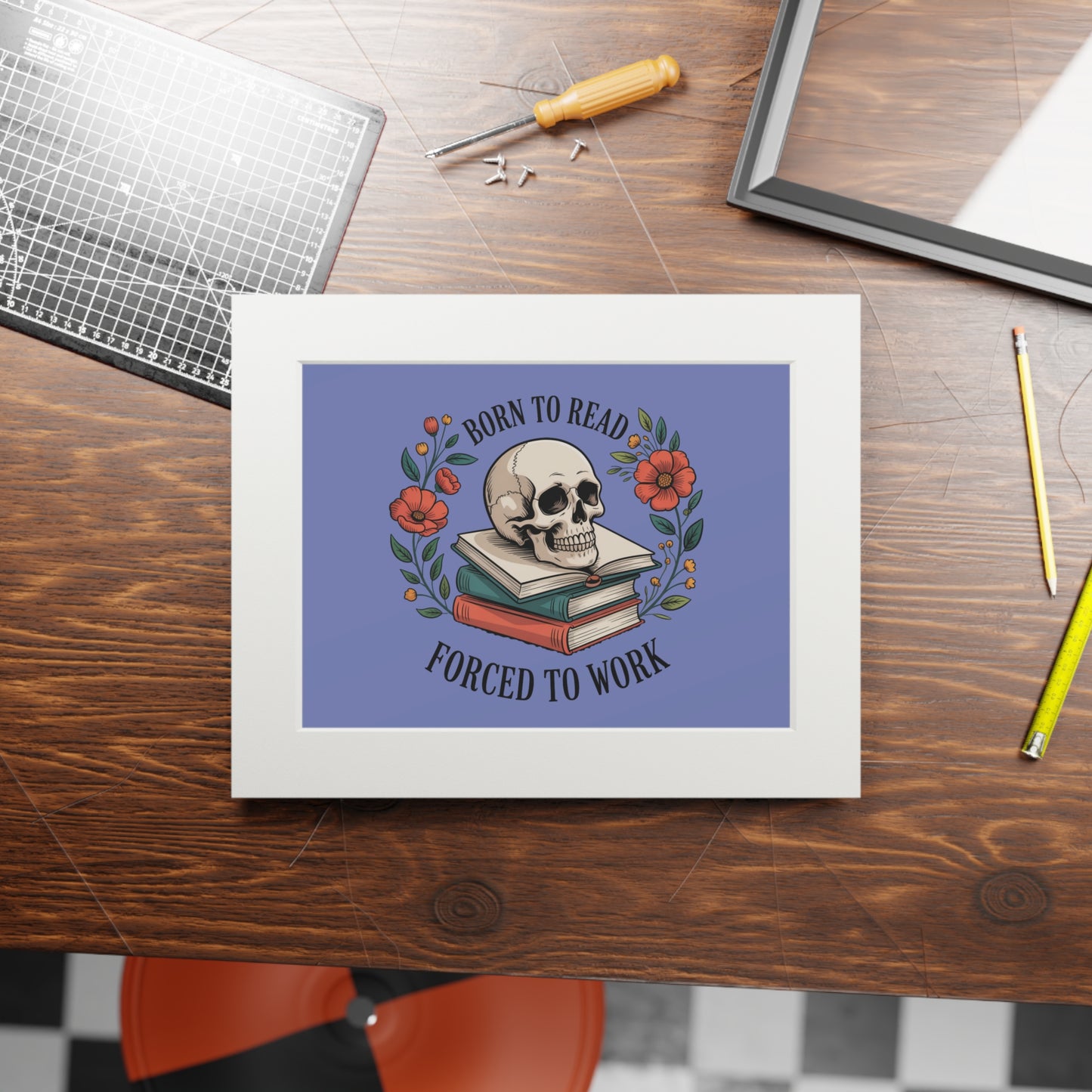Born to Read, Forced to Work — Skull Book Fine Art Print (Passepartout Matte)