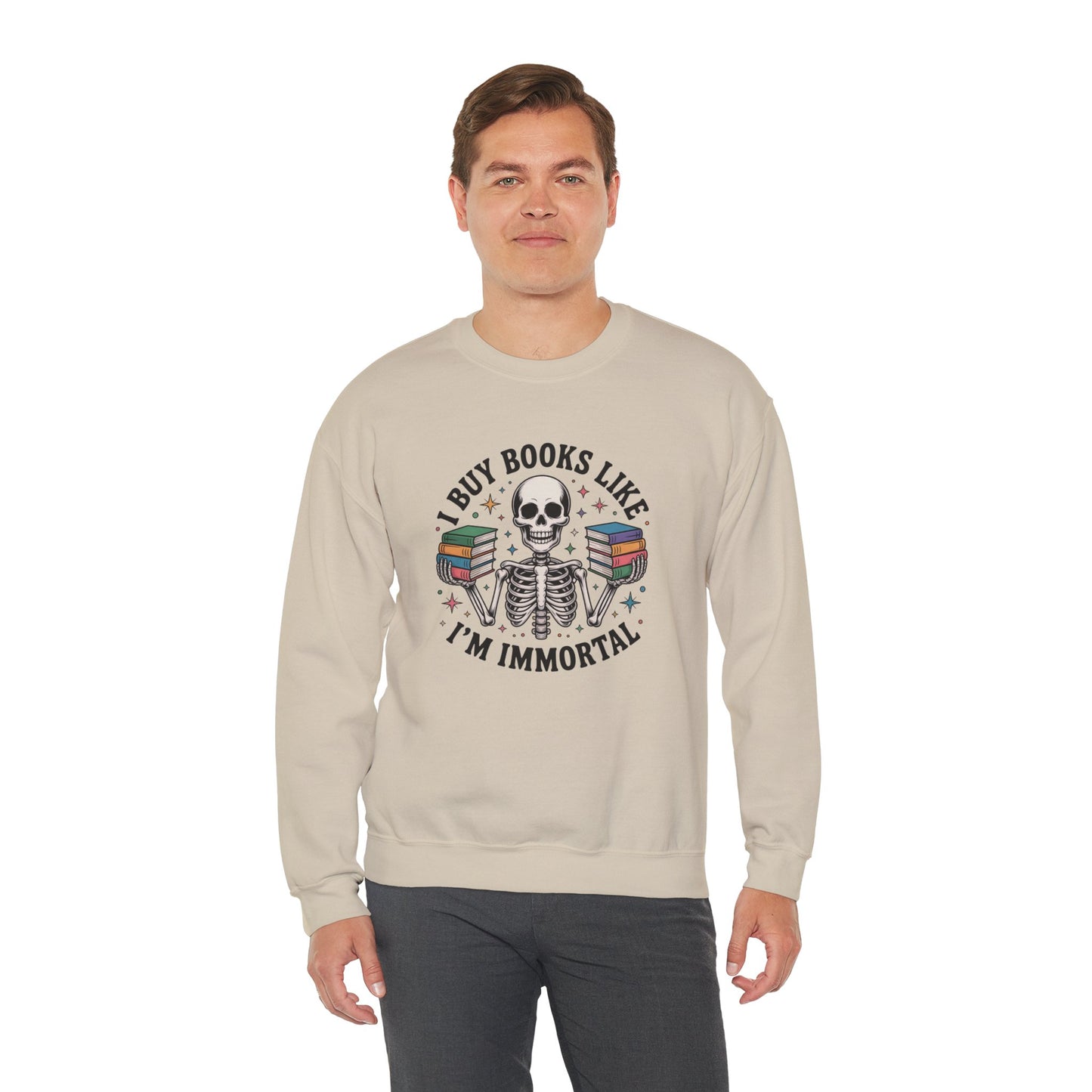 Book Lover Sweatshirt — "I Buy Books Like I’m Immortal" Skeleton Reading Crewneck - Back has Northkind's blueprint for bookish heaven