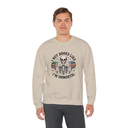 Book Lover Sweatshirt — "I Buy Books Like I’m Immortal" Skeleton Reading Crewneck - Back has Northkind's blueprint for bookish heaven