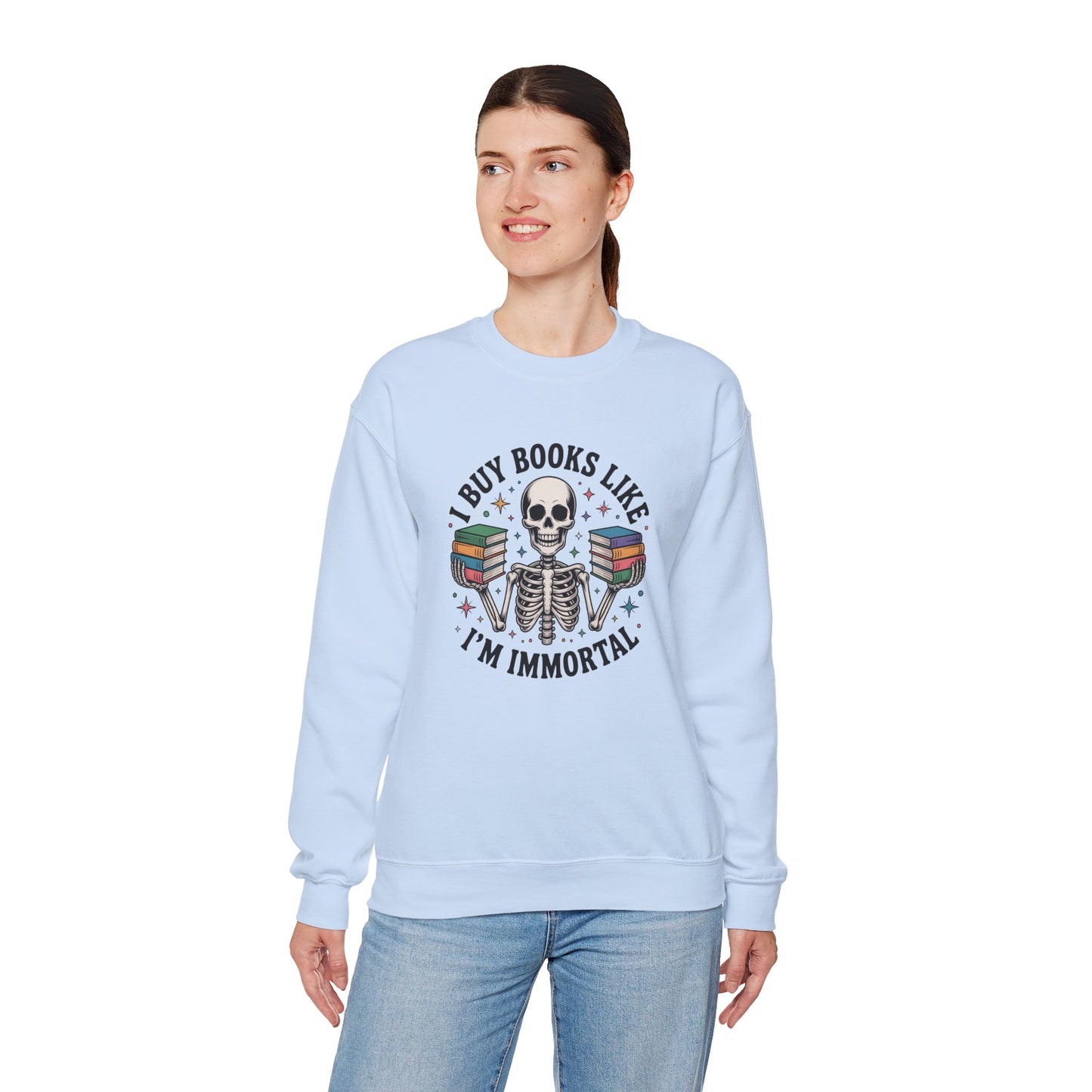Book Lover Sweatshirt — "I Buy Books Like I’m Immortal" Skeleton Reading Crewneck - Back has Northkind's blueprint for bookish heaven