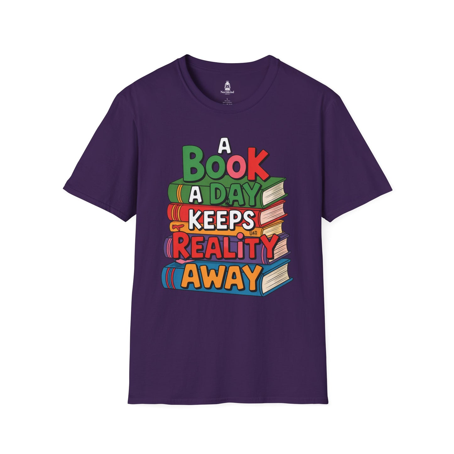 'A Book a Day Keeps Reality Away' T-Shirt — Stack of Books Graphic