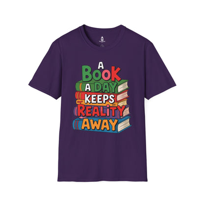 'A Book a Day Keeps Reality Away' T-Shirt — Stack of Books Graphic