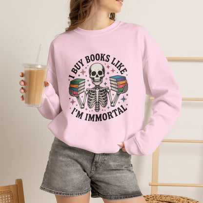 Book Lover Sweatshirt — "I Buy Books Like I’m Immortal" Skeleton Reading Crewneck - Back has Northkind's blueprint for bookish heaven