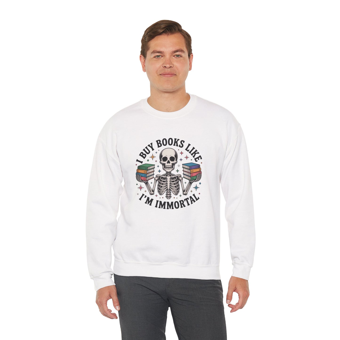 Book Lover Sweatshirt — "I Buy Books Like I’m Immortal" Skeleton Reading Crewneck - Back has Northkind's blueprint for bookish heaven