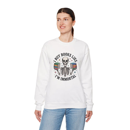 Book Lover Sweatshirt — "I Buy Books Like I’m Immortal" Skeleton Reading Crewneck - Back has Northkind's blueprint for bookish heaven