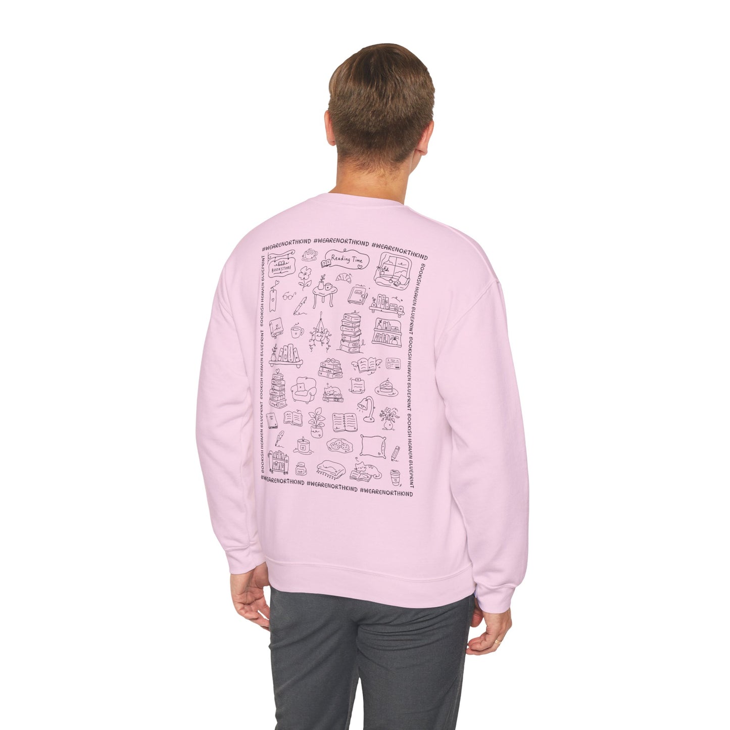 Book Lover Sweatshirt — "I Buy Books Like I’m Immortal" Skeleton Reading Crewneck - Back has Northkind's blueprint for bookish heaven