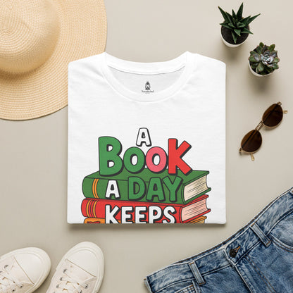'A Book a Day Keeps Reality Away' T-Shirt — Stack of Books Graphic