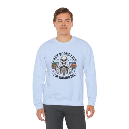 Book Lover Sweatshirt — "I Buy Books Like I’m Immortal" Skeleton Reading Crewneck - Back has Northkind's blueprint for bookish heaven
