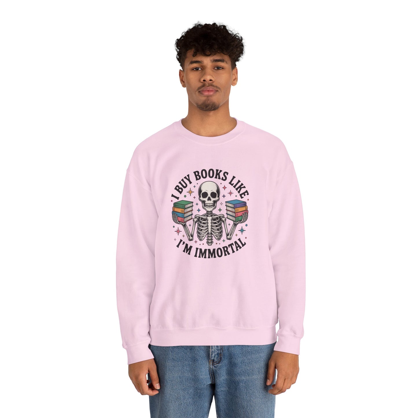 Book Lover Sweatshirt — "I Buy Books Like I’m Immortal" Skeleton Reading Crewneck - Back has Northkind's blueprint for bookish heaven