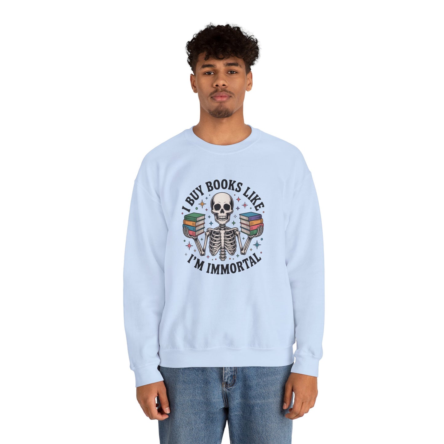 Book Lover Sweatshirt — "I Buy Books Like I’m Immortal" Skeleton Reading Crewneck - Back has Northkind's blueprint for bookish heaven
