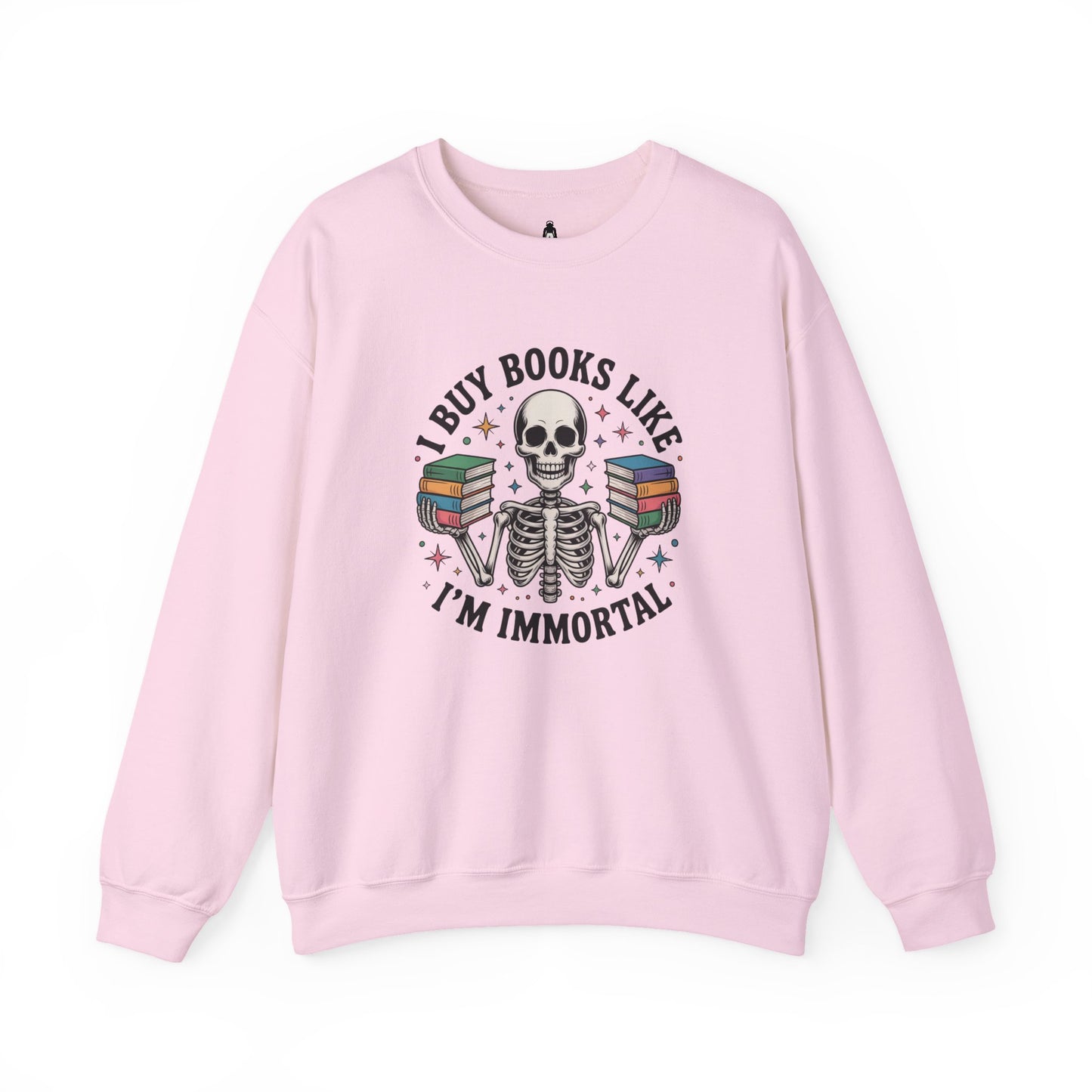 Book Lover Sweatshirt — "I Buy Books Like I’m Immortal" Skeleton Reading Crewneck - Back has Northkind's blueprint for bookish heaven