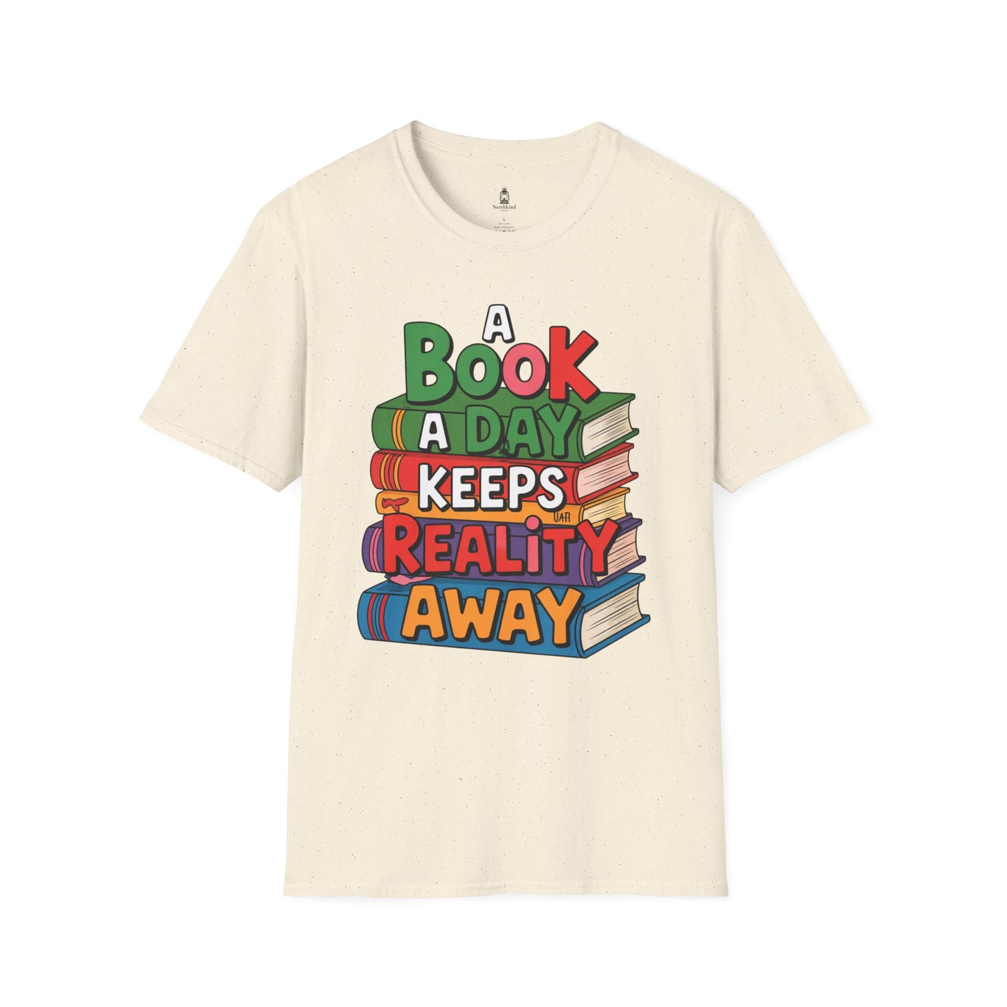 'A Book a Day Keeps Reality Away' T-Shirt — Stack of Books Graphic