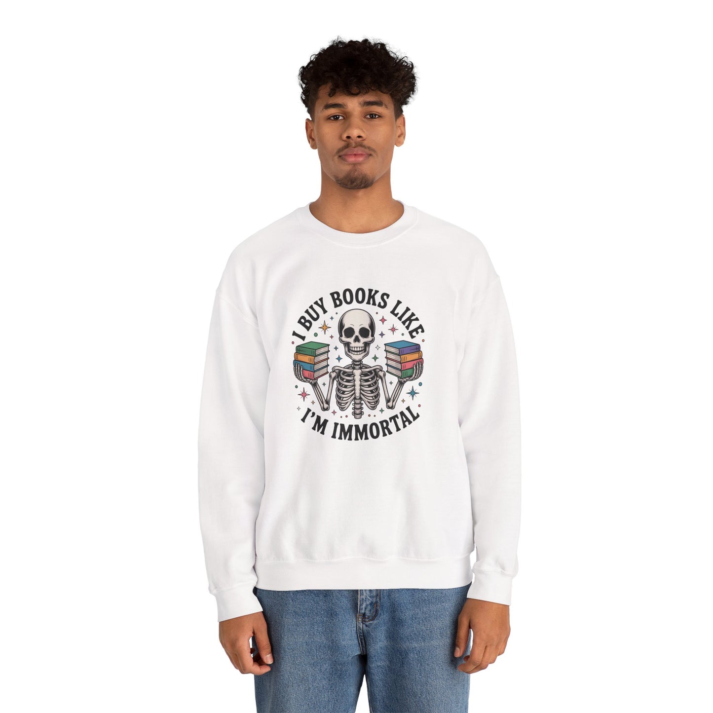 Book Lover Sweatshirt — "I Buy Books Like I’m Immortal" Skeleton Reading Crewneck - Back has Northkind's blueprint for bookish heaven