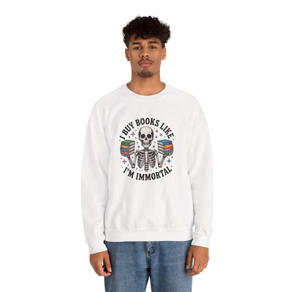 Book Lover Sweatshirt — "I Buy Books Like I’m Immortal" Skeleton Reading Crewneck - Back has Northkind's blueprint for bookish heaven