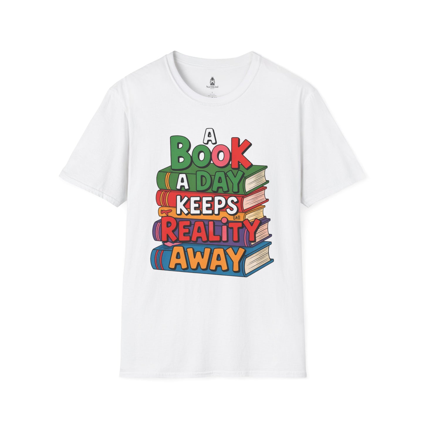 'A Book a Day Keeps Reality Away' T-Shirt — Stack of Books Graphic