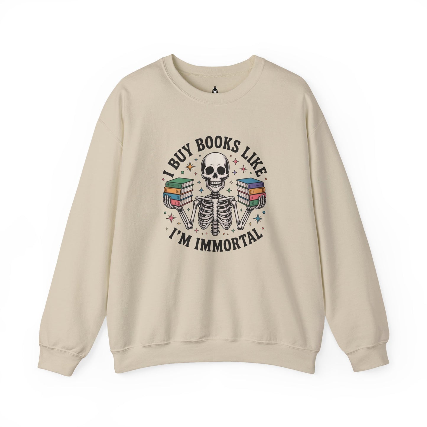 Book Lover Sweatshirt — "I Buy Books Like I’m Immortal" Skeleton Reading Crewneck - Back has Northkind's blueprint for bookish heaven