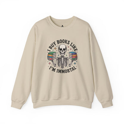 Book Lover Sweatshirt — "I Buy Books Like I’m Immortal" Skeleton Reading Crewneck - Back has Northkind's blueprint for bookish heaven