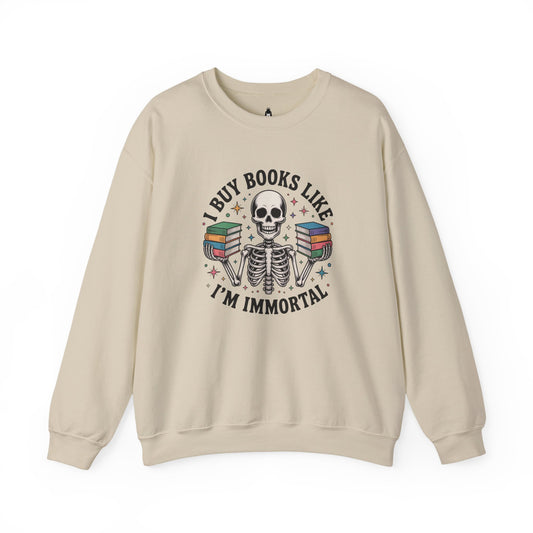Book Lover Sweatshirt — "I Buy Books Like I’m Immortal" Skeleton Reading Crewneck - Back has Northkind's blueprint for bookish heaven