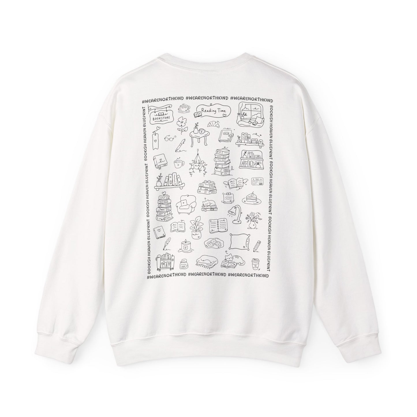 Book Lover Sweatshirt — "I Buy Books Like I’m Immortal" Skeleton Reading Crewneck - Back has Northkind's blueprint for bookish heaven