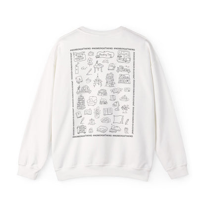 Book Lover Sweatshirt — "I Buy Books Like I’m Immortal" Skeleton Reading Crewneck - Back has Northkind's blueprint for bookish heaven