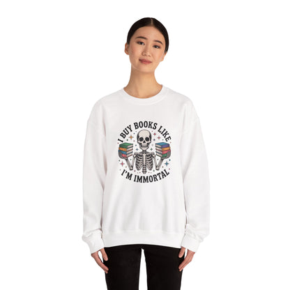 Book Lover Sweatshirt — "I Buy Books Like I’m Immortal" Skeleton Reading Crewneck - Back has Northkind's blueprint for bookish heaven