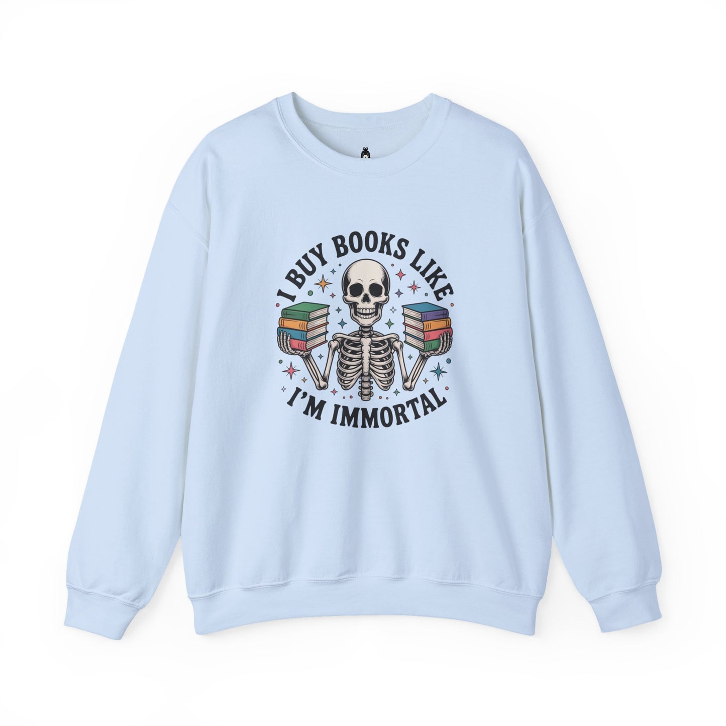 Book Lover Sweatshirt — "I Buy Books Like I’m Immortal" Skeleton Reading Crewneck - Back has Northkind's blueprint for bookish heaven