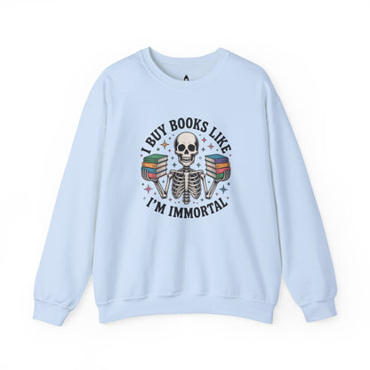 Book Lover Sweatshirt — "I Buy Books Like I’m Immortal" Skeleton Reading Crewneck - Back has Northkind's blueprint for bookish heaven
