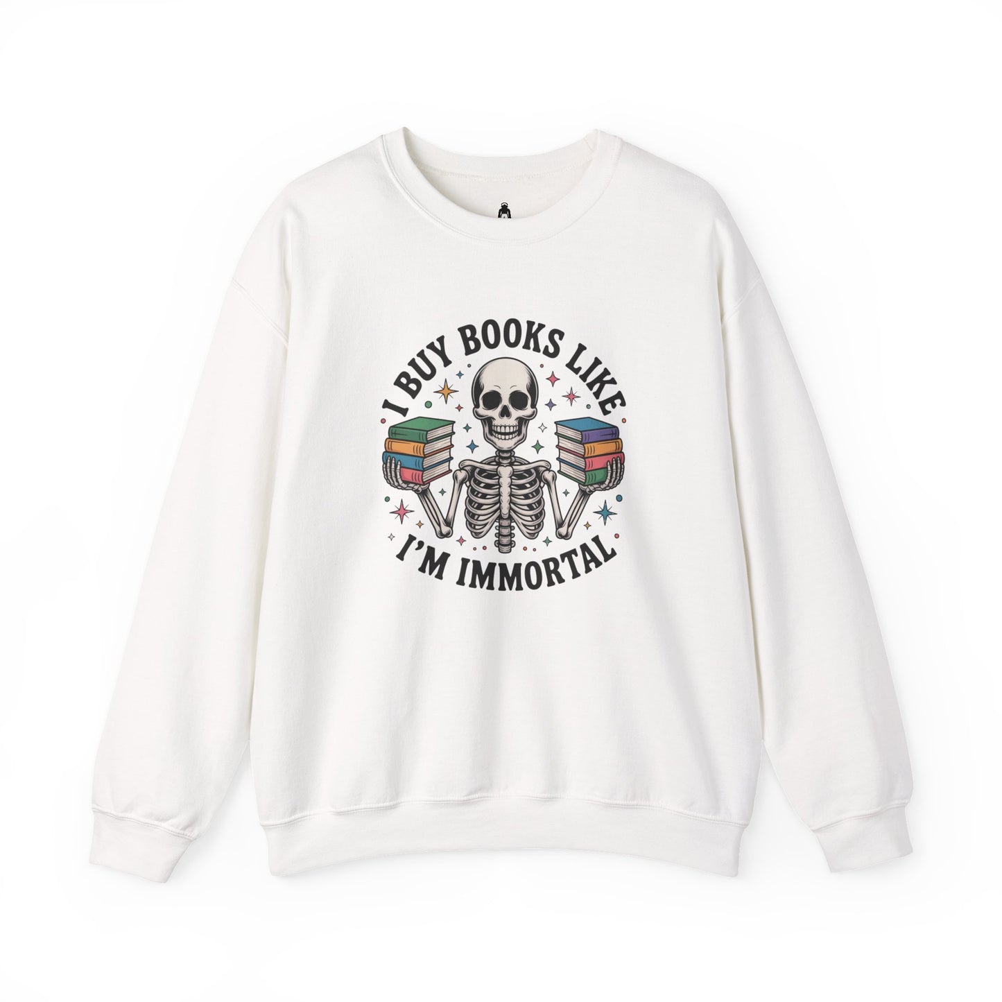 Book Lover Sweatshirt — "I Buy Books Like I’m Immortal" Skeleton Reading Crewneck - Back has Northkind's blueprint for bookish heaven