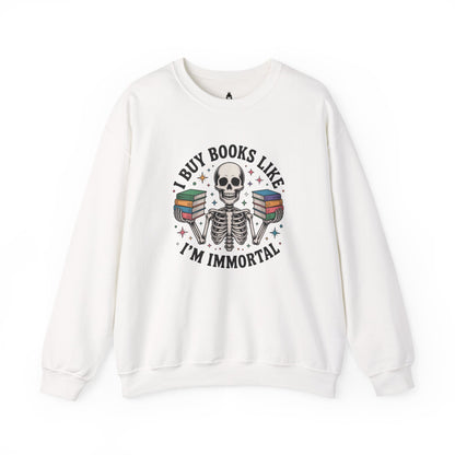 Book Lover Sweatshirt — "I Buy Books Like I’m Immortal" Skeleton Reading Crewneck - Back has Northkind's blueprint for bookish heaven