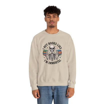 Book Lover Sweatshirt — "I Buy Books Like I’m Immortal" Skeleton Reading Crewneck - Back has Northkind's blueprint for bookish heaven