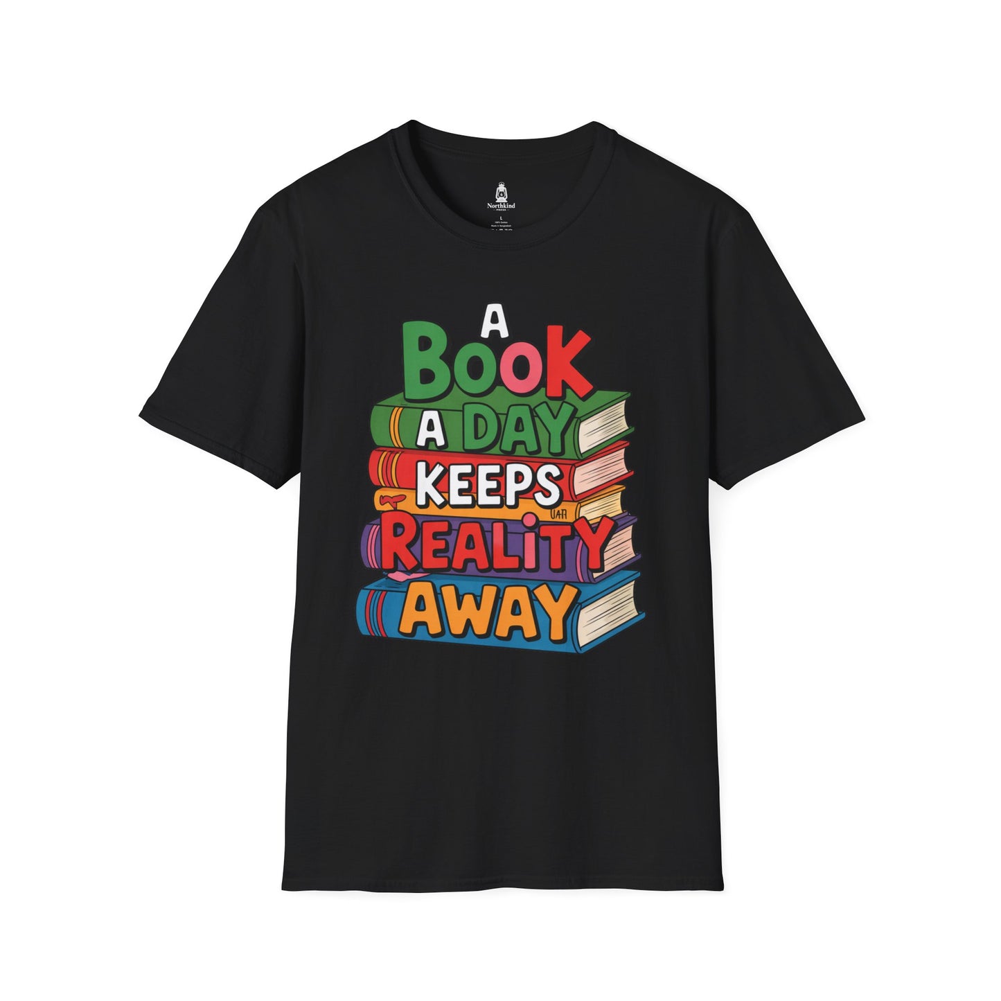 'A Book a Day Keeps Reality Away' T-Shirt — Stack of Books Graphic