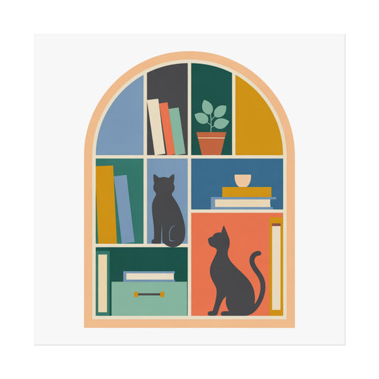 Cat Shelf Fine Art Poster — Midcentury Colorful Cat Print for Home Decor