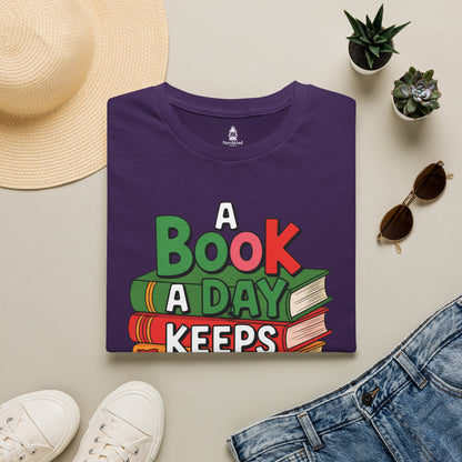 'A Book a Day Keeps Reality Away' T-Shirt — Stack of Books Graphic