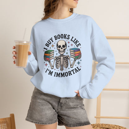 Book Lover Sweatshirt — "I Buy Books Like I’m Immortal" Skeleton Reading Crewneck - Back has Northkind's blueprint for bookish heaven