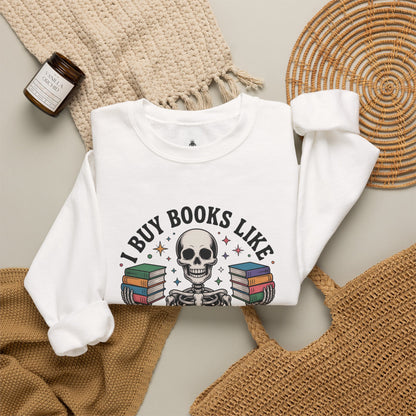 Book Lover Sweatshirt — "I Buy Books Like I’m Immortal" Skeleton Reading Crewneck - Back has Northkind's blueprint for bookish heaven
