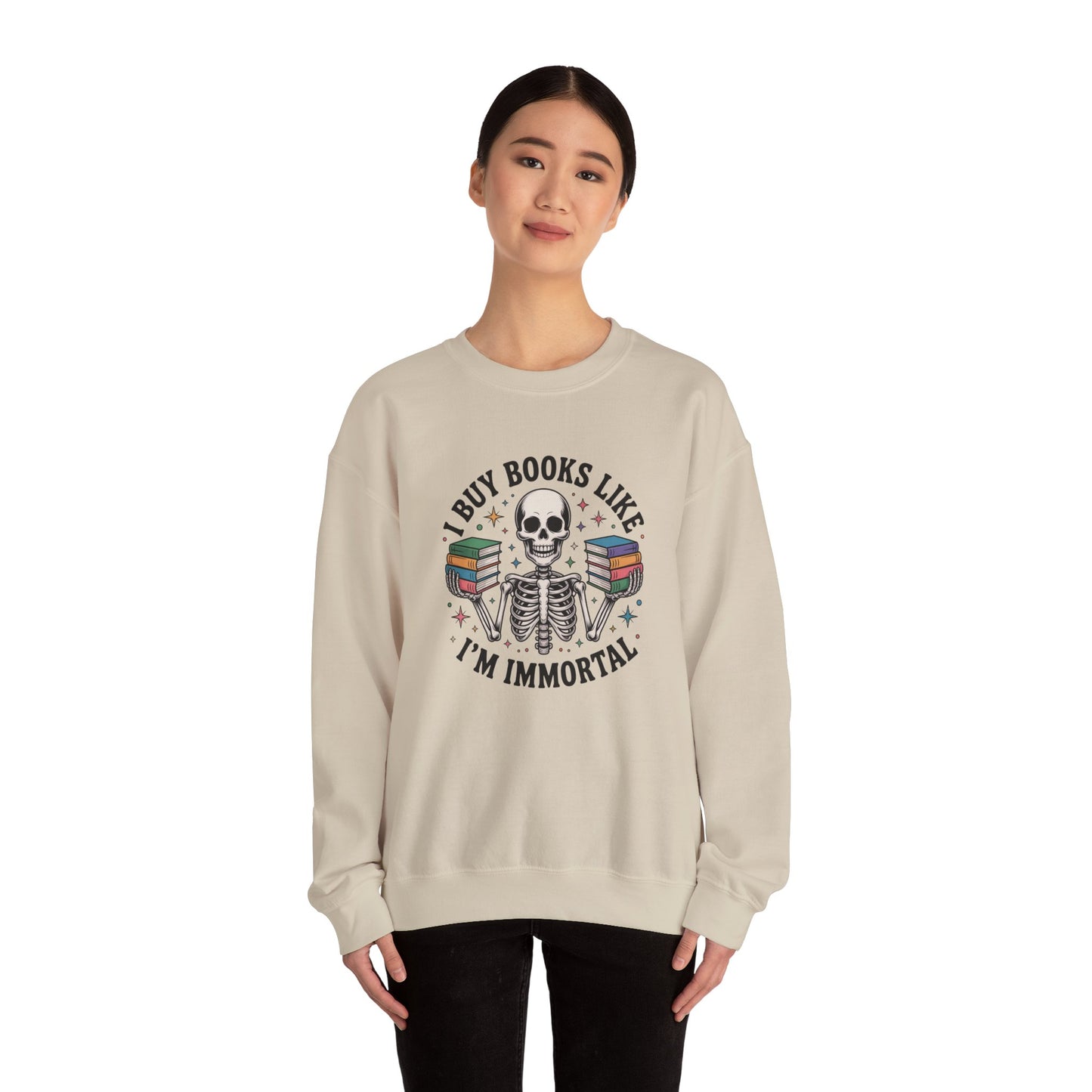 Book Lover Sweatshirt — "I Buy Books Like I’m Immortal" Skeleton Reading Crewneck - Back has Northkind's blueprint for bookish heaven