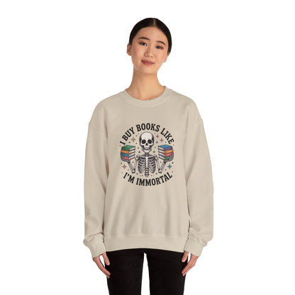 Book Lover Sweatshirt — "I Buy Books Like I’m Immortal" Skeleton Reading Crewneck - Back has Northkind's blueprint for bookish heaven