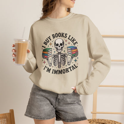 Book Lover Sweatshirt — "I Buy Books Like I’m Immortal" Skeleton Reading Crewneck - Back has Northkind's blueprint for bookish heaven