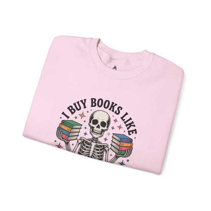 Book Lover Sweatshirt — "I Buy Books Like I’m Immortal" Skeleton Reading Crewneck - Back has Northkind's blueprint for bookish heaven