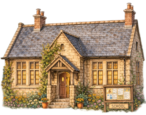 Illustration of a quaint schoolhouse from The Haunting That Helped with flowers and a notice board.