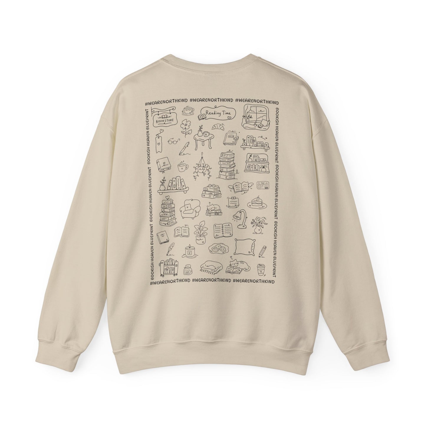 Book Lover Sweatshirt — "I Buy Books Like I’m Immortal" Skeleton Reading Crewneck - Back has Northkind's blueprint for bookish heaven