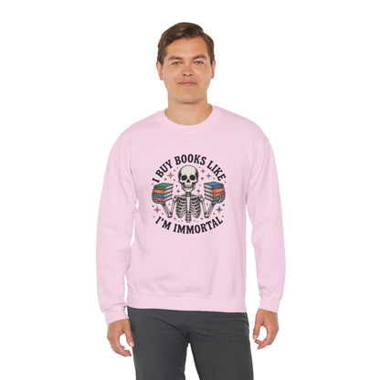 Book Lover Sweatshirt — "I Buy Books Like I’m Immortal" Skeleton Reading Crewneck - Back has Northkind's blueprint for bookish heaven