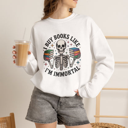 Book Lover Sweatshirt — "I Buy Books Like I’m Immortal" Skeleton Reading Crewneck - Back has Northkind's blueprint for bookish heaven