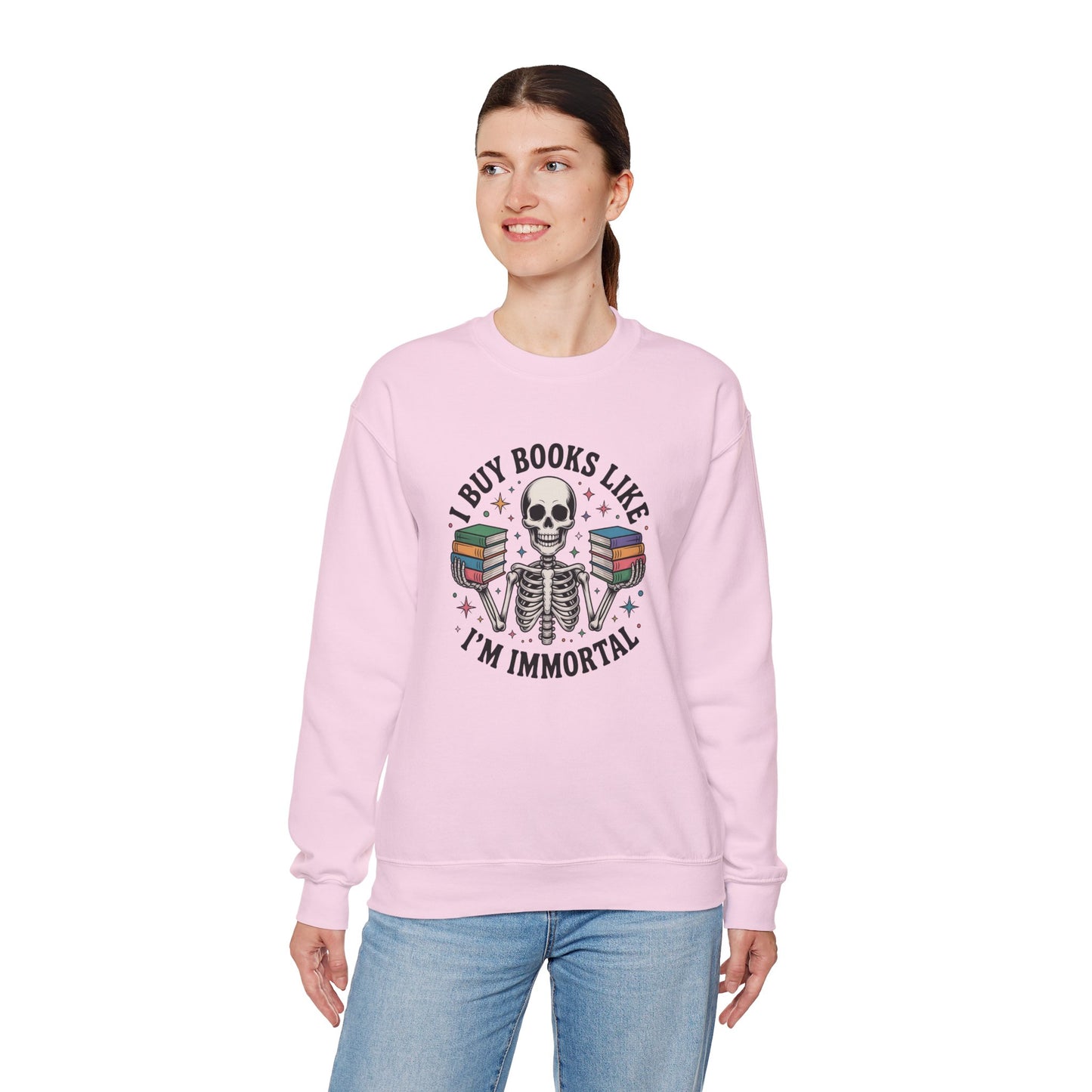 Book Lover Sweatshirt — "I Buy Books Like I’m Immortal" Skeleton Reading Crewneck - Back has Northkind's blueprint for bookish heaven