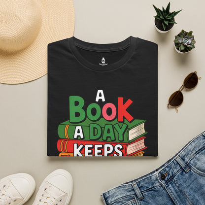 'A Book a Day Keeps Reality Away' T-Shirt — Stack of Books Graphic