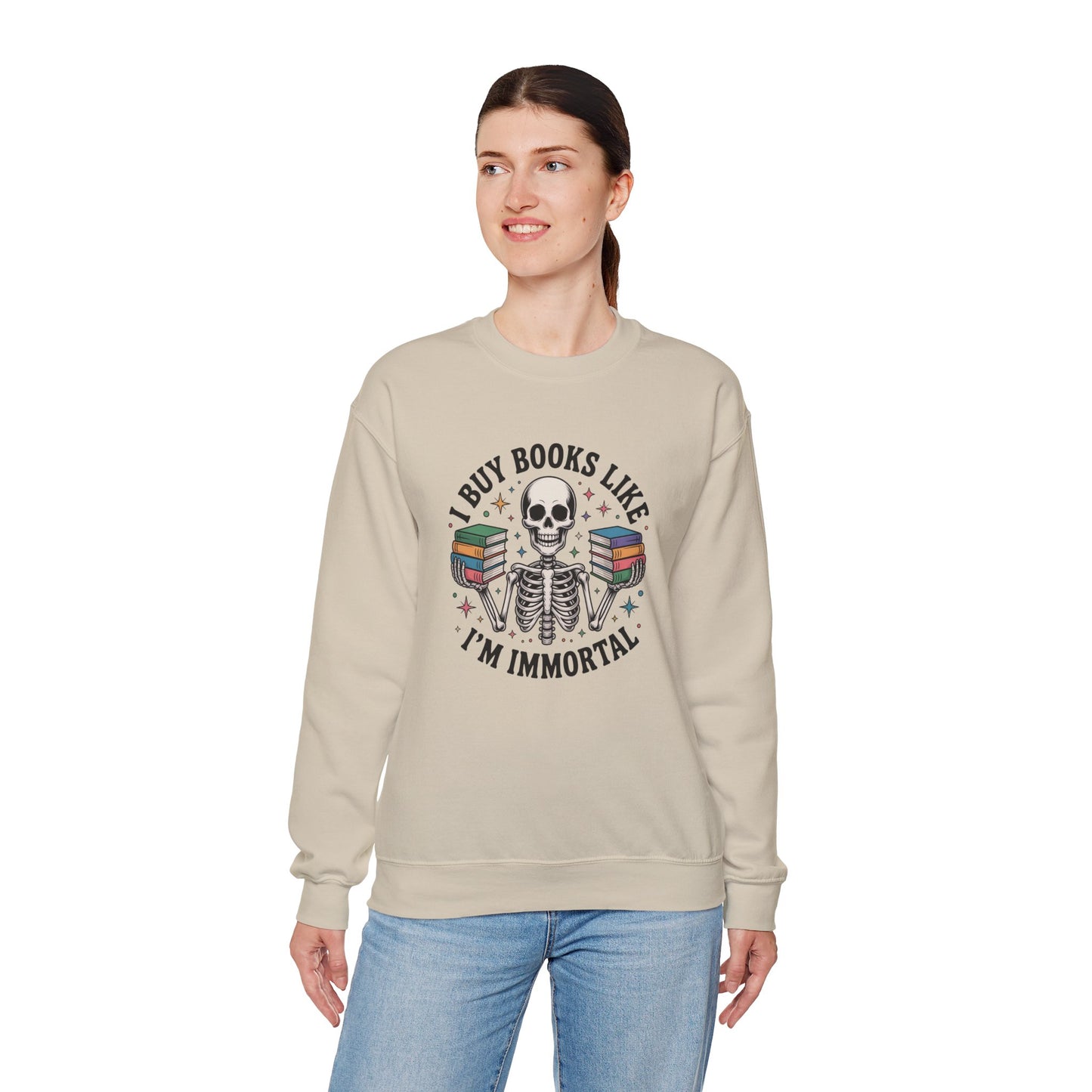 Book Lover Sweatshirt — "I Buy Books Like I’m Immortal" Skeleton Reading Crewneck - Back has Northkind's blueprint for bookish heaven