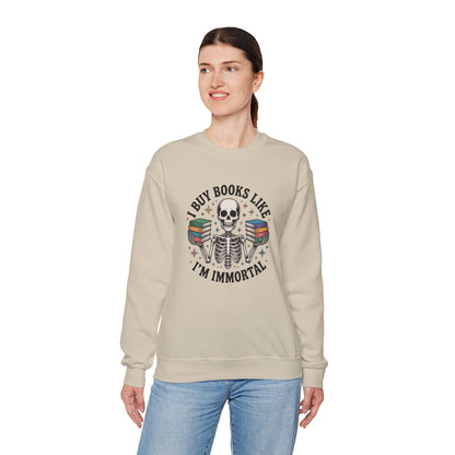 Book Lover Sweatshirt — "I Buy Books Like I’m Immortal" Skeleton Reading Crewneck - Back has Northkind's blueprint for bookish heaven