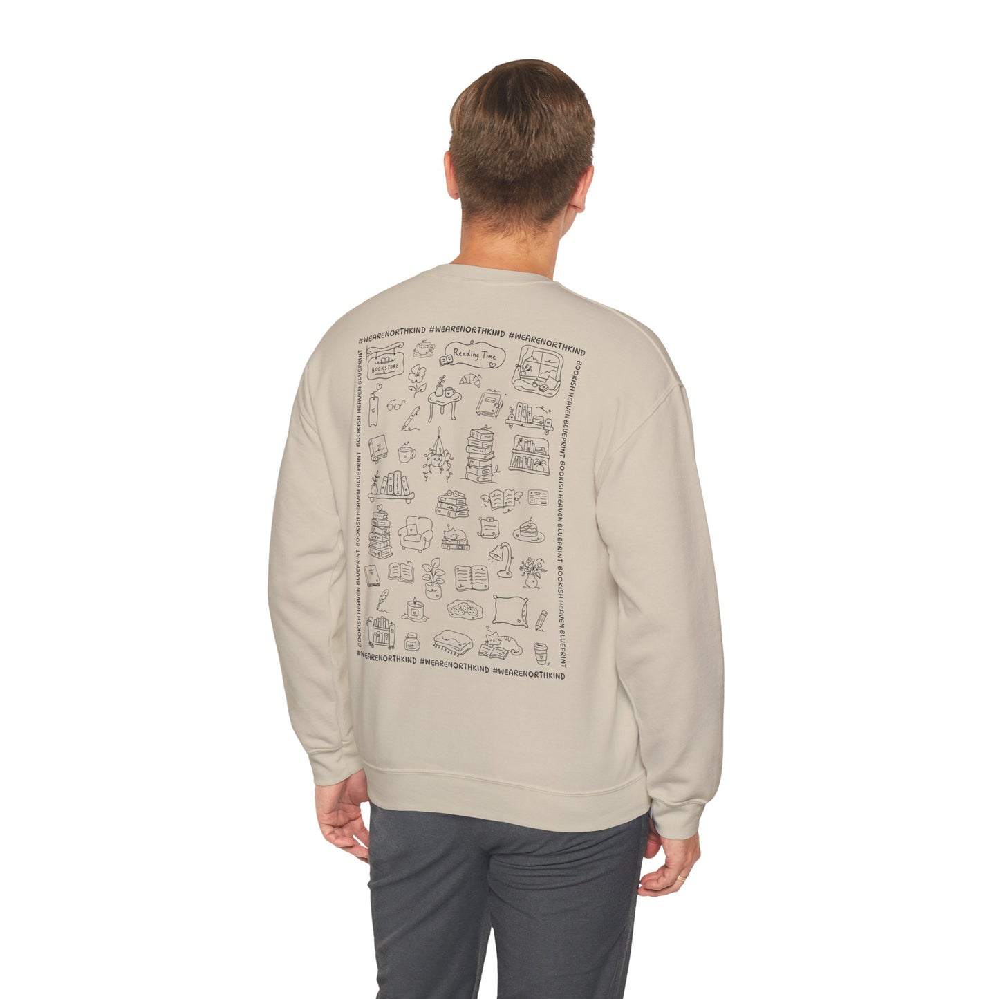 Book Lover Sweatshirt — "I Buy Books Like I’m Immortal" Skeleton Reading Crewneck - Back has Northkind's blueprint for bookish heaven