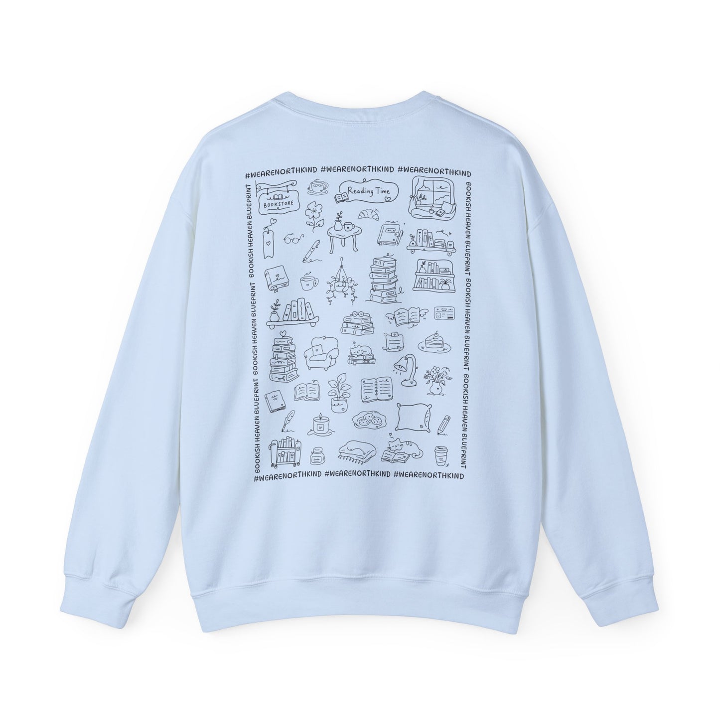Book Lover Sweatshirt — "I Buy Books Like I’m Immortal" Skeleton Reading Crewneck - Back has Northkind's blueprint for bookish heaven